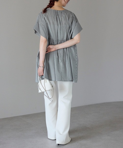 VICTORIAVICTORIABECKHAM ストライプ　ブラウス　ギャザー ＆HALF ブラウス シャツ フロントギャザーブラウス(ストライプ