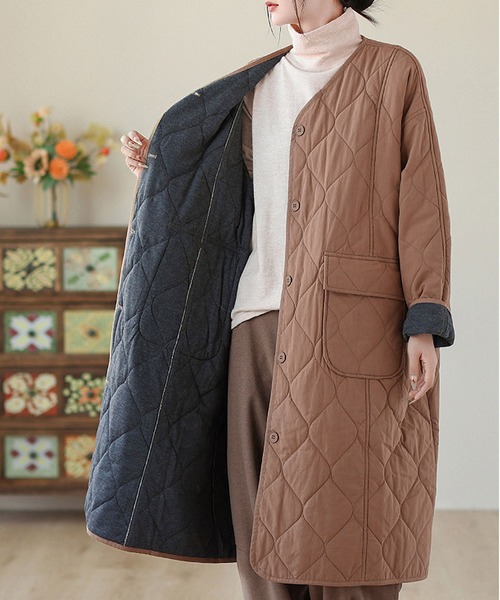 BLANC FICELLE ノーカラーコート コート ノーカラーキルティングコート