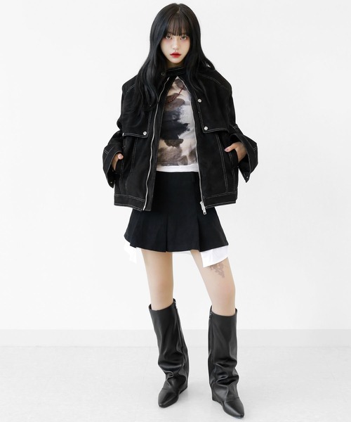 minsobi 革ジャン ライダース フェイク スエードスタンドカラー