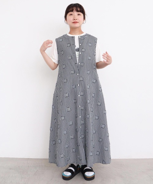 極美品 アトリエドゥサボン カットジャガード ギンガムストライプワンピース 半袖 極美品 アトリエドゥサボン カットジャガード ギンガム