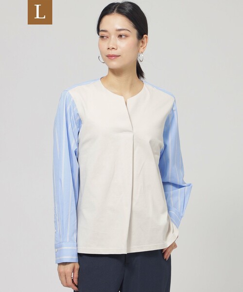 tシャツ 「L」「ウォッシャブル」ラメストライプジャージ―コンビプルオーバー レディース