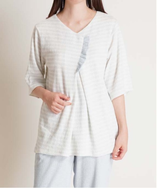 tシャツ キッドブルー -梨地ＪＱ -5分袖トップス -KRBN348 -kidblue レディース