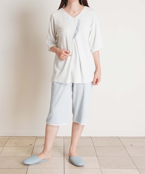 tシャツ キッドブルー -梨地ＪＱ -5分袖トップス -KRBN348 -kidblue レディース