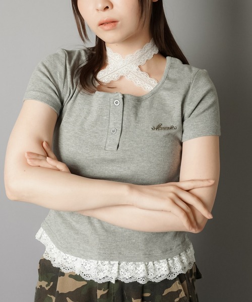 SPINNS tシャツ レイヤード風ヘムレースカットソー/裾レース