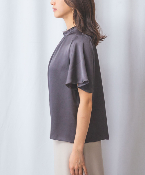 ナラカミーチェ（NARACAMICIE）/【NARACAMICIE】シボサテン衿フリルギャザー半袖ブラウス NARACAMICIE（ナラカミーチェ） ブラウス シャツ 「NARACAMICIE