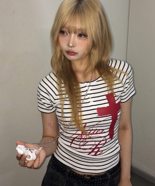 tシャツ A'GEM/9 × .kom 「NIIER NOR/ニーアノア」PAINT CROSS BUTTON DOWN TEE/ ペイントクロスボタ