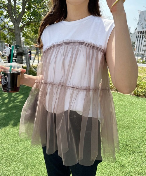 「andme」 「alma design」半袖カットソー M ホワイト×グレー レディース