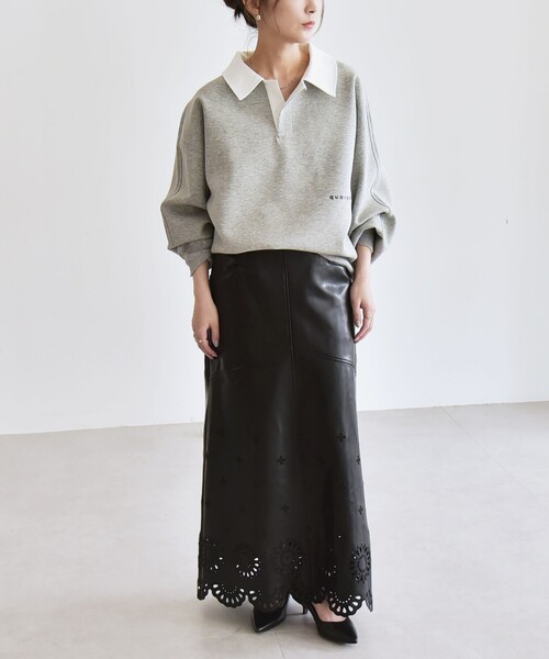 ショート丈　長袖　ポロスウェット　トレーナー　　スウェットスカート　セットアップ quaranciel トレーナー スウェット quaranciel:「洗濯機可能」ポンチ