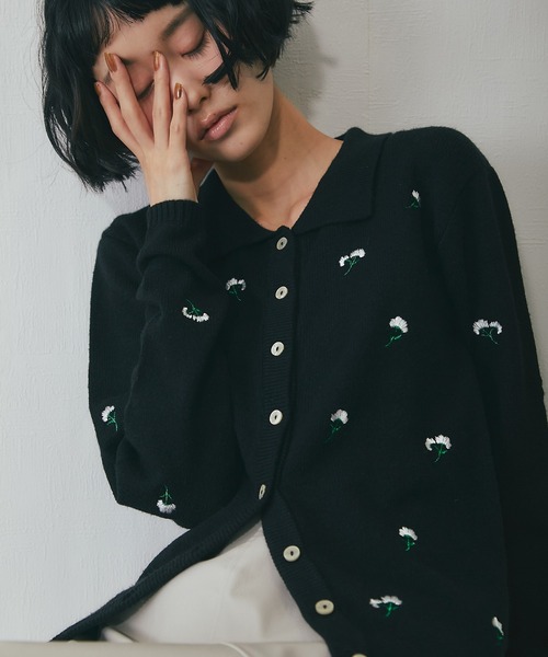 DAIRIKU ブラック カーディガン 花柄刺繍 カーディガン 襟付き花柄刺繍カーディガン レディース : ZOZOTOWN
