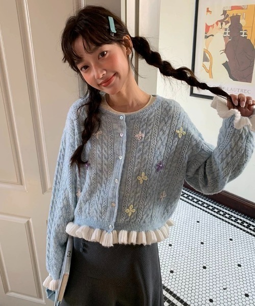 NOUGAT SUGAR シュガー アイボリー ケーブル編み カーディガン 花