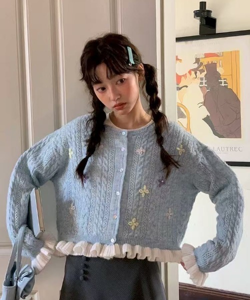 AsRiRe カーディガン フラワー刺繍ケーブルニットカーディガン