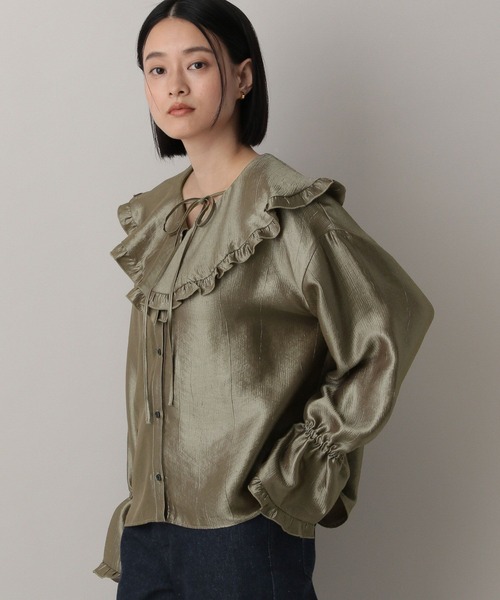 美品 アルアバイル ノーカラー ラッフルカラーチェックブラウス ヨーク 茶系 美品 アルアバイル ノーカラー ラッフルカラーチェックブラウス