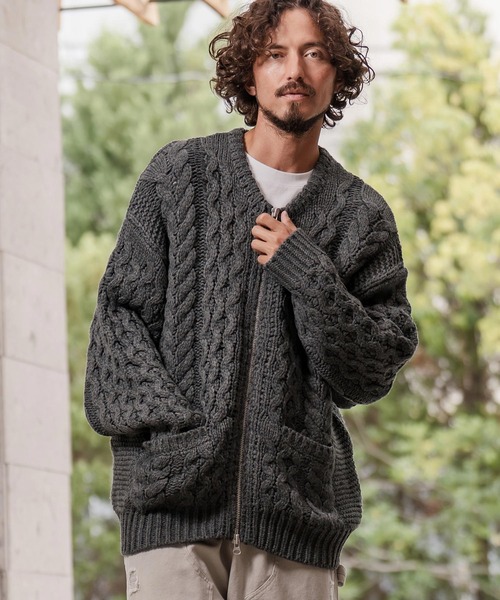 CAMBIO（カンビオ） カーディガン mcg3737-ケーブルニットZIPブルゾン