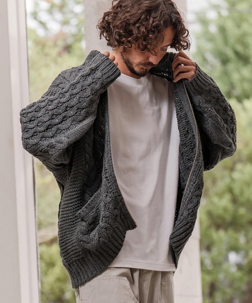 カナディアンセーター 手編み ケーブル ジップアップカーディガン 無地