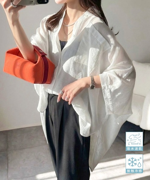 シャツ+ブラウス(長袖+七分) Prevost Voile Sheer Shirt [F] WAWA JAPAN 長袖 レディース ストレッチ シャツ レギュラーネック