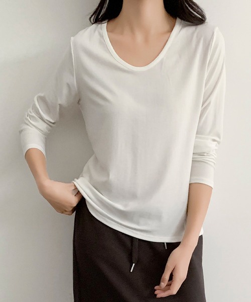 LOWO tシャツ Uネック カットソー 長袖 レディース きれいめ ゆったり 