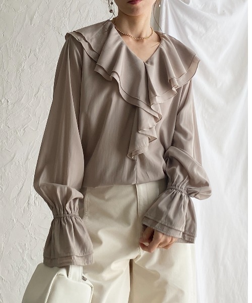 She's Closet ブラウス シャツ 長袖ビッグ襟 Vネックフレアスリーブ
