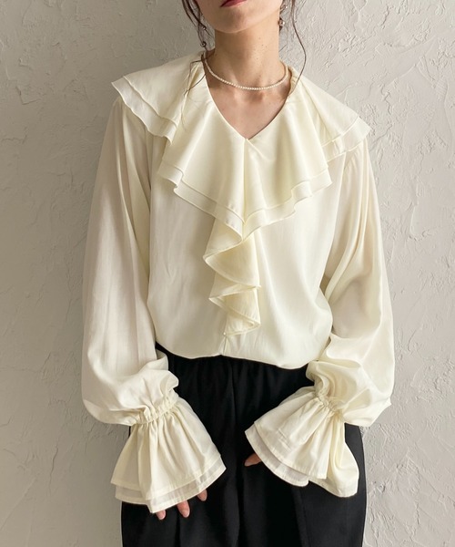 リバーシブルフリル長袖トップス She's Closet ブラウス シャツ 長袖ビッグ襟 Vネックフレアスリーブ