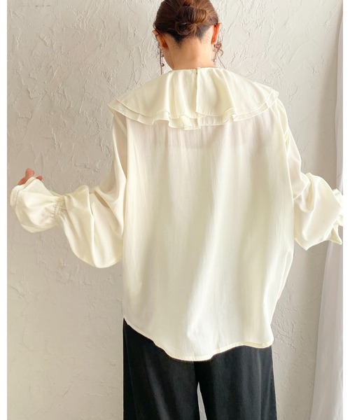 She's Closet ブラウス シャツ 長袖ビッグ襟 Vネックフレアスリーブ