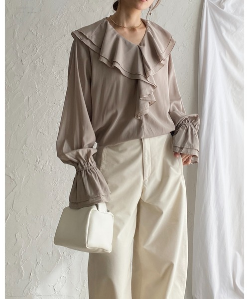 She's Closet ブラウス シャツ 長袖ビッグ襟 Vネックフレアスリーブ