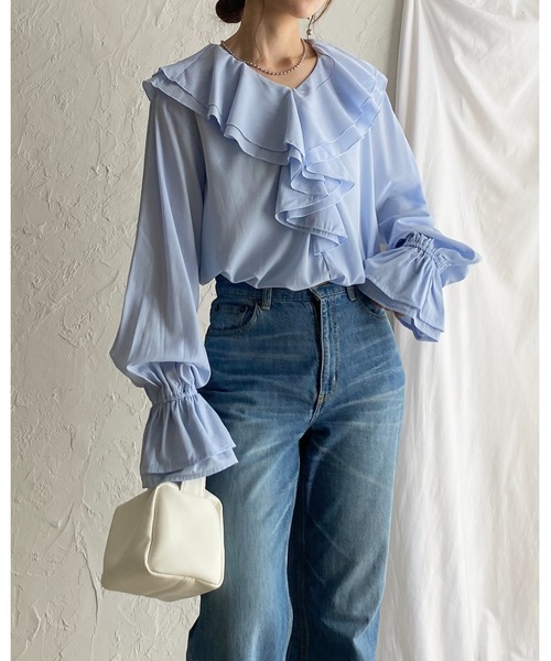She's Closet ブラウス シャツ 長袖ビッグ襟 Vネックフレアスリーブ