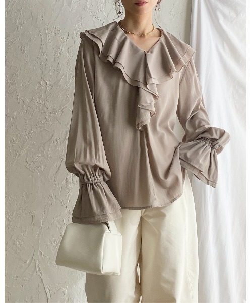 She's Closet ブラウス シャツ 長袖ビッグ襟 Vネックフレアスリーブ