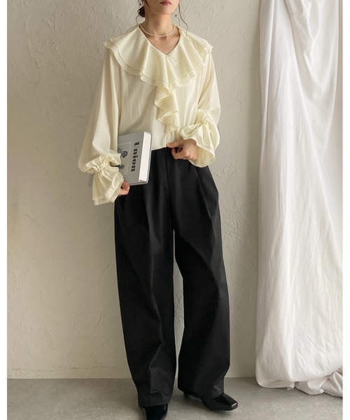 She's Closet ブラウス シャツ 長袖ビッグ襟 Vネックフレアスリーブ