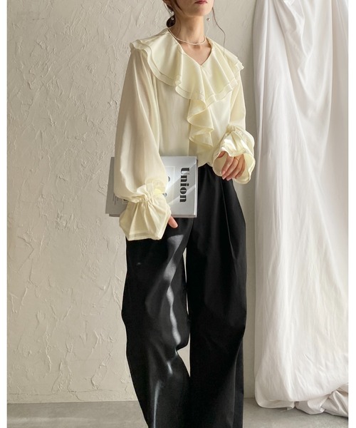 She's Closet ブラウス シャツ 長袖ビッグ襟 Vネックフレアスリーブ