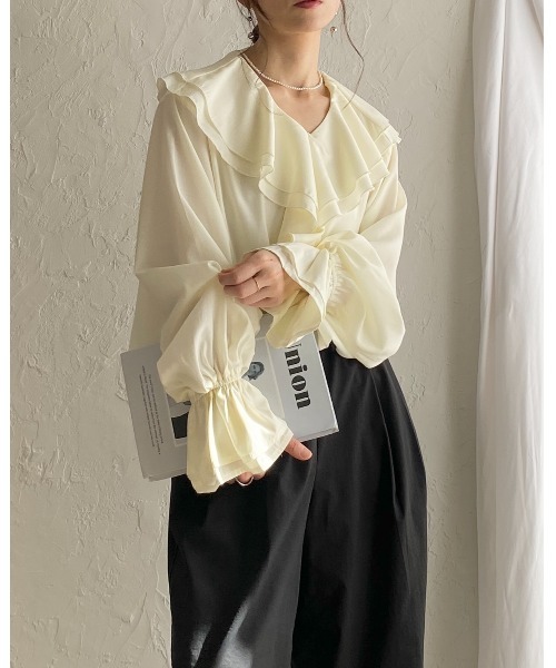 She's Closet ブラウス シャツ 長袖ビッグ襟 Vネックフレアスリーブ