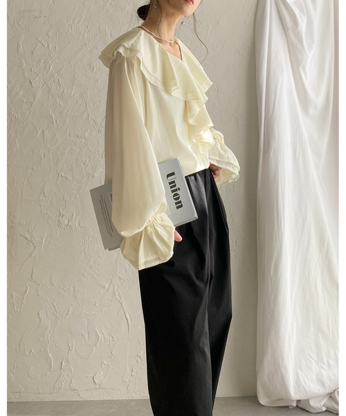 She's Closet ブラウス シャツ 長袖ビッグ襟 Vネックフレアスリーブ