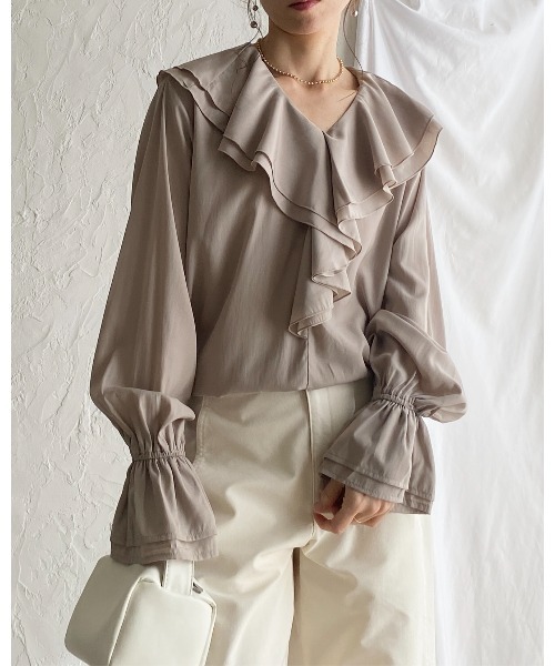 She's Closet ブラウス シャツ 長袖ビッグ襟 Vネックフレアスリーブ