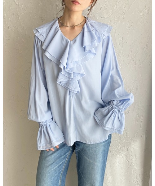 She's Closet ブラウス シャツ 長袖ビッグ襟 Vネックフレアスリーブ