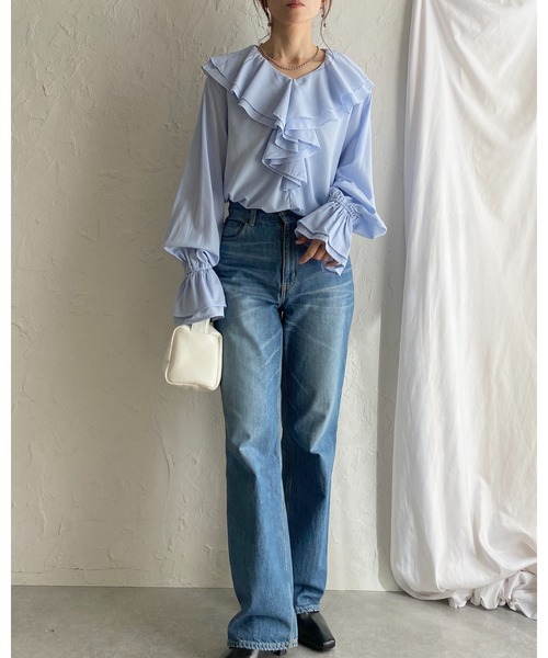 She's Closet ブラウス シャツ 長袖ビッグ襟 Vネックフレアスリーブ
