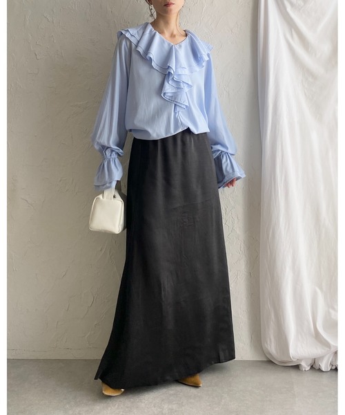 She's Closet ブラウス シャツ 長袖ビッグ襟 Vネックフレアスリーブ