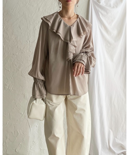 She's Closet ブラウス シャツ 長袖ビッグ襟 Vネックフレアスリーブ