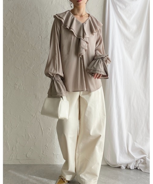 She's Closet ブラウス シャツ 長袖ビッグ襟 Vネックフレアスリーブ