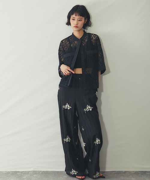 ワイドパンツ パンツ 花刺繍シアーストライプイージーパンツ