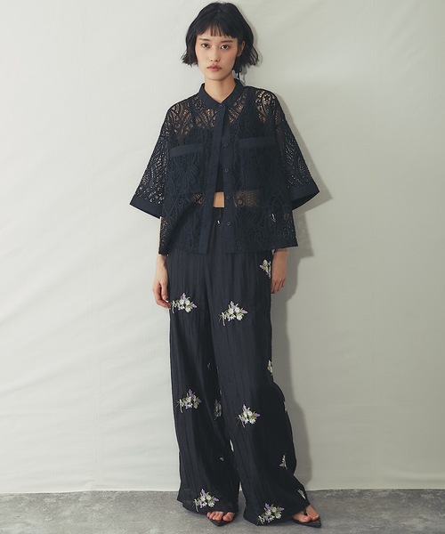 ワイドパンツ パンツ 花刺繍シアーストライプイージーパンツ