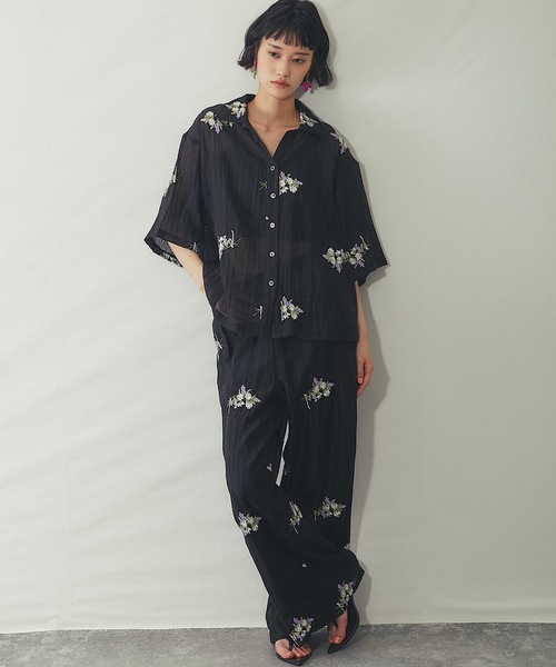 ワイドパンツ パンツ 花刺繍シアーストライプイージーパンツ
