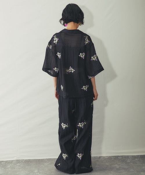 ワイドパンツ パンツ 花刺繍シアーストライプイージーパンツ