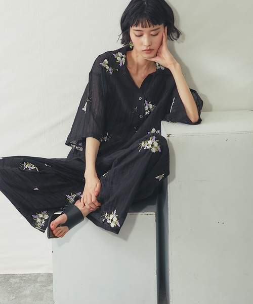 ワイドパンツ パンツ 花刺繍シアーストライプイージーパンツ