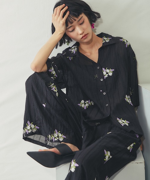 ワイドパンツ パンツ 花刺繍シアーストライプイージーパンツ