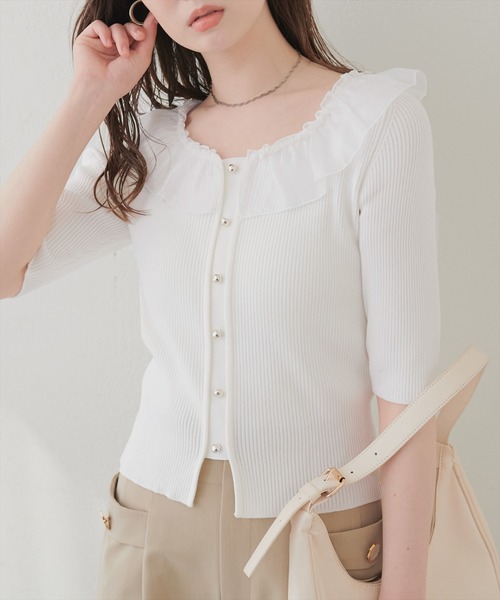 natural couture ニット セーター 異素材フリル半袖ニット レディース