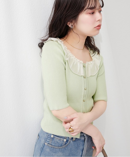 natural couture ニット セーター 異素材フリル半袖ニット レディース
