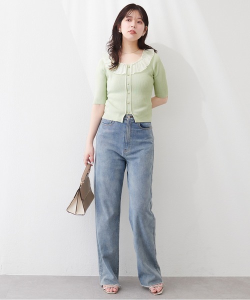 natural couture ニット セーター 異素材フリル半袖ニット レディース