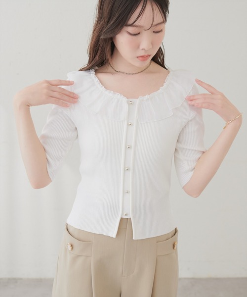 natural couture ニット セーター 異素材フリル半袖ニット レディース