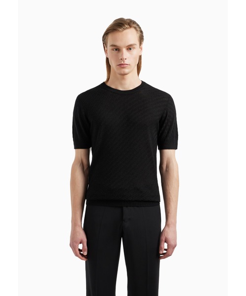 ARMANI イタリア製 リブニットセーター 紺色 ヘンリーネック