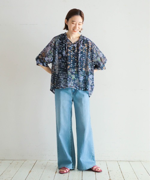 NOMBRE IMPAIR ブラウス シャツ 抽象柄シルクシフォン タイ付