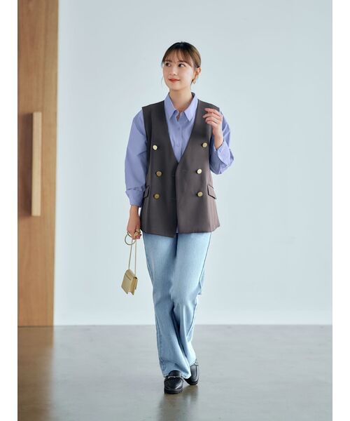 ベスト ジレ ノーカラーゴールドボタンジレ「低身長・小柄女性