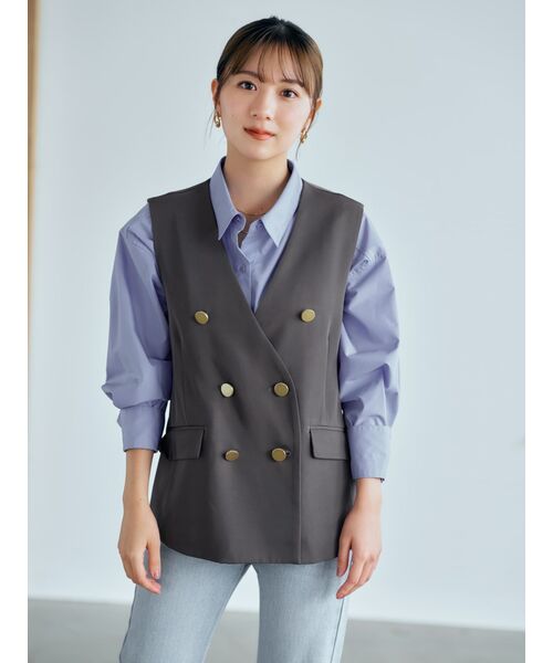 ベスト ジレ ノーカラーゴールドボタンジレ「低身長・小柄女性